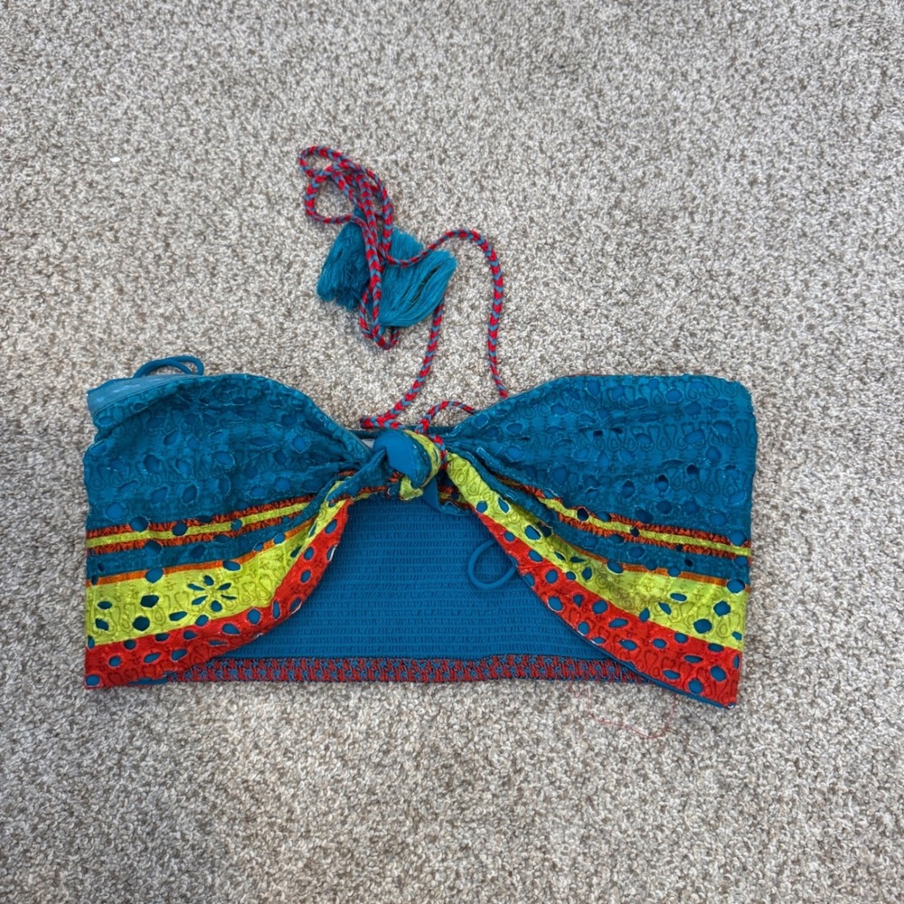 Alice + Olivia Ice + Olivia Teal Blue Eyelet Smocked Bandeau Tassel Top Size‎ 0